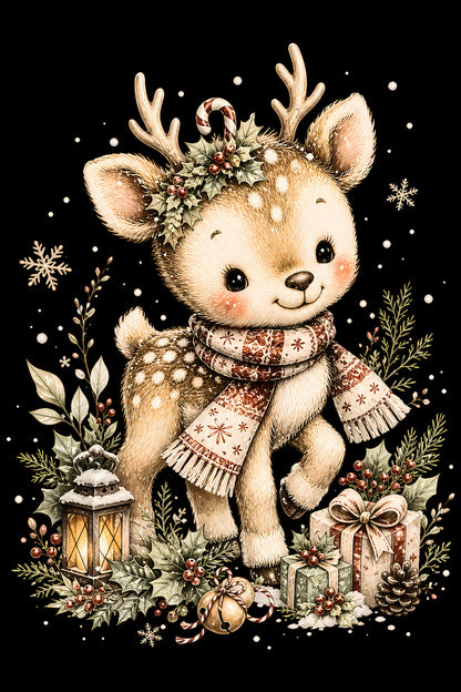 Christmas Halftone 049 - Little Reindeer in a Winter Scarf - DTF transfer on black preview background