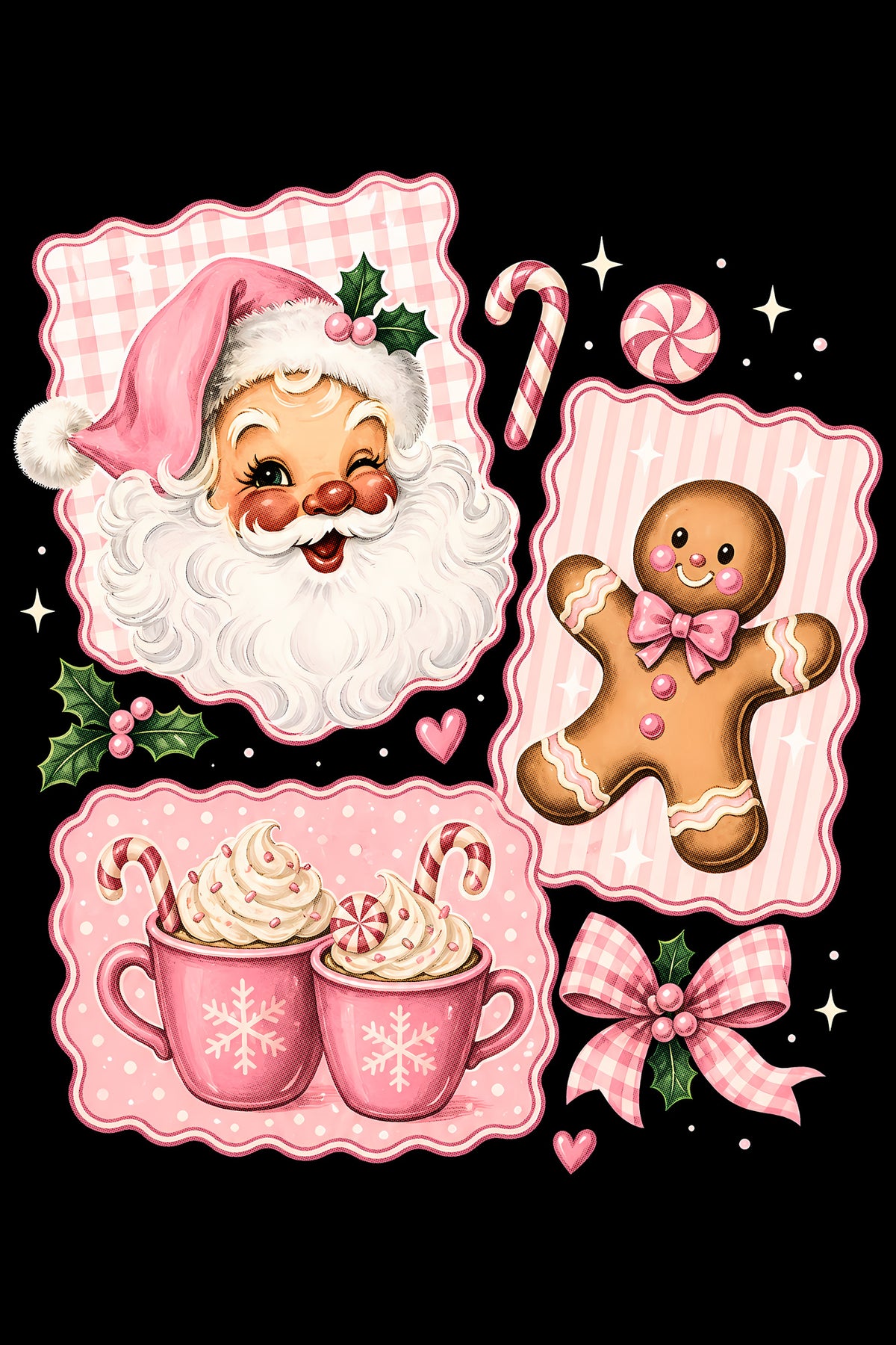 Christmas Halftone 050 - Pink Christmas Santa and Gingerbread Collage - DTF transfer on black preview background