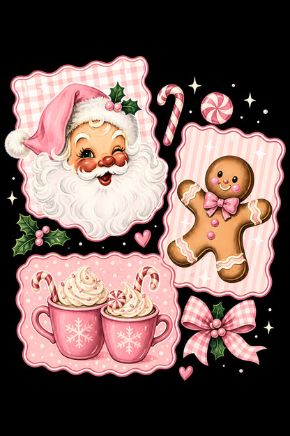 Christmas Halftone 050 - Pink Christmas Santa and Gingerbread Collage - DTF transfer on black preview background