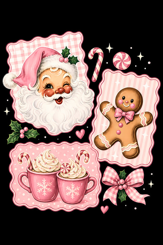 Christmas Halftone 050 - Pink Christmas Santa and Gingerbread Collage - DTF transfer on black preview background