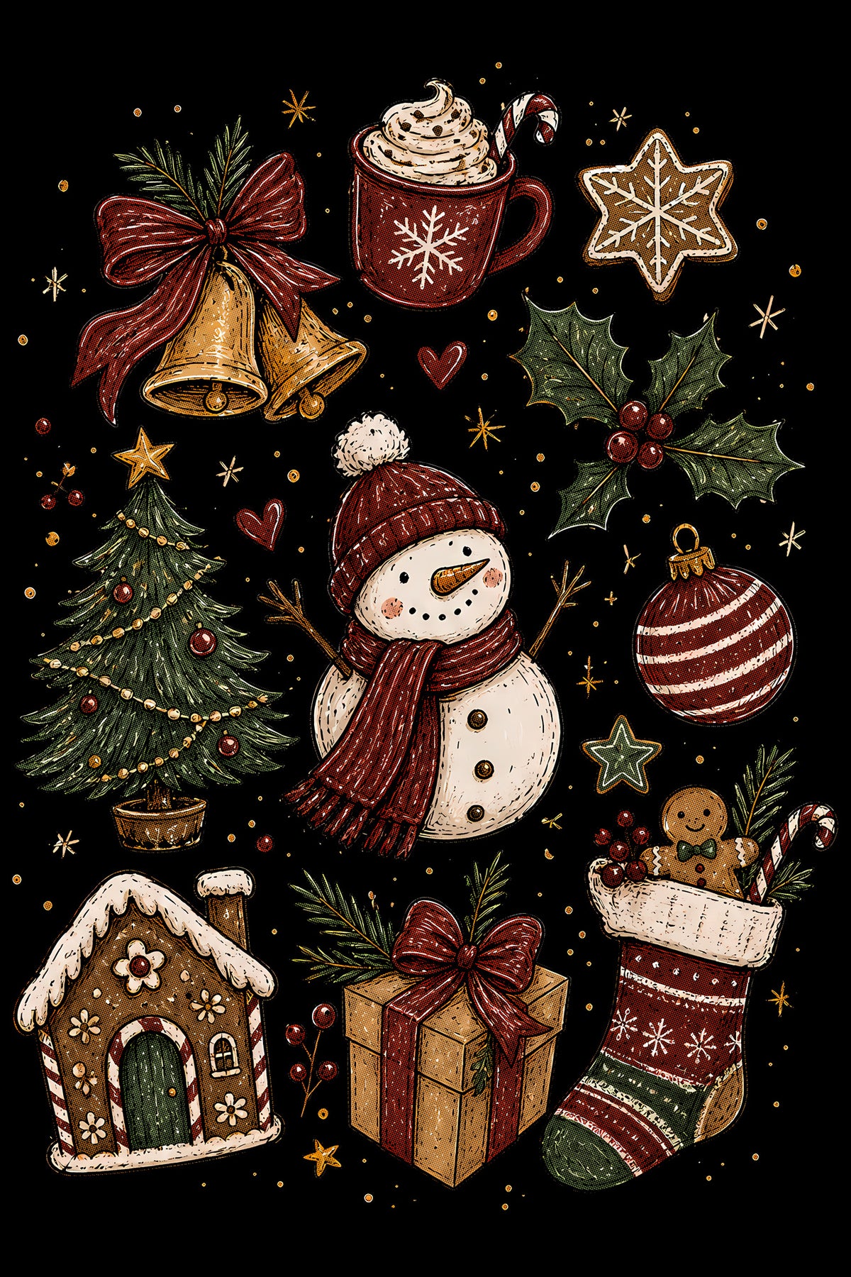 Christmas Halftone 051 - Classic Christmas Favourites Collage - DTF transfer on black preview background
