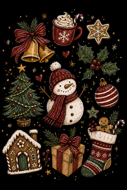 Christmas Halftone 051 - Classic Christmas Favourites Collage - DTF transfer on black preview background