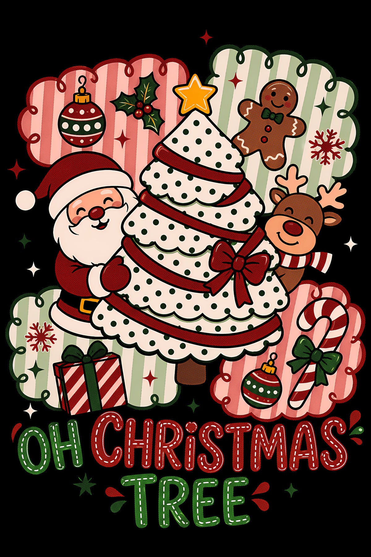 Christmas Halftone 052 - Oh Christmas Tree Festive Friends - DTF transfer on black preview background