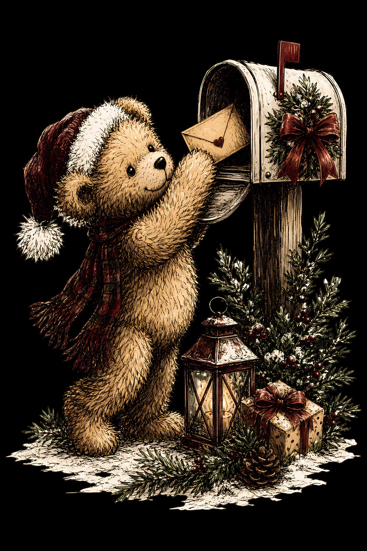 Christmas Halftone 053 - Teddy Bear Posting a Christmas Letter - DTF transfer on black preview background