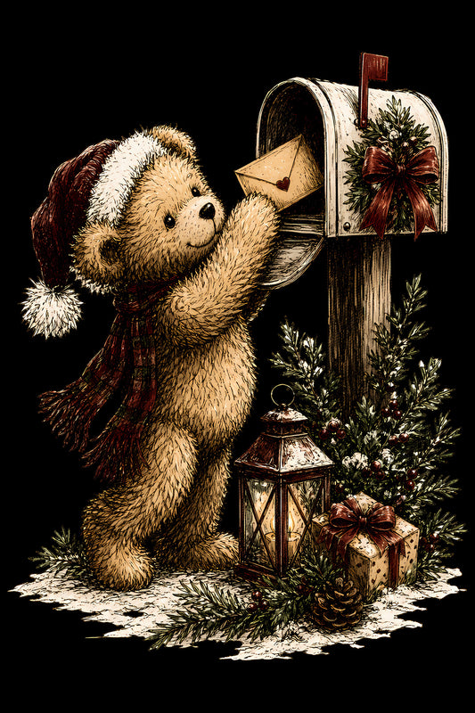 Christmas Halftone 053 - Teddy Bear Posting a Christmas Letter - DTF transfer on black preview background