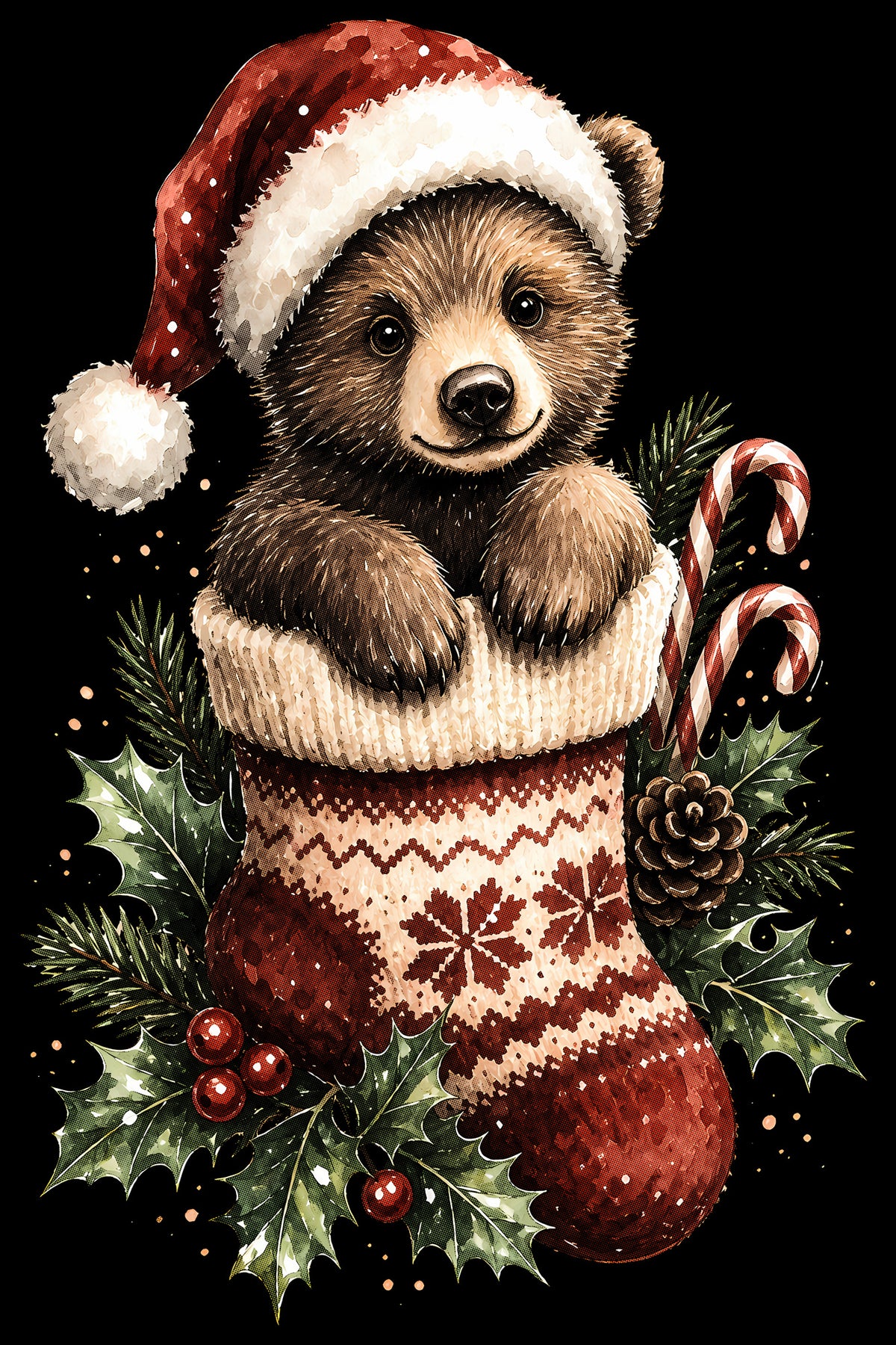 Christmas Halftone 054 - Bear Cub in a Knitted Stocking - DTF transfer on black preview background