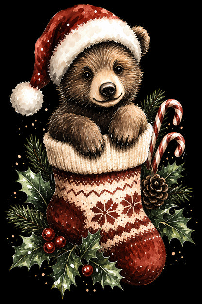 Christmas Halftone 054 - Bear Cub in a Knitted Stocking - DTF transfer on black preview background