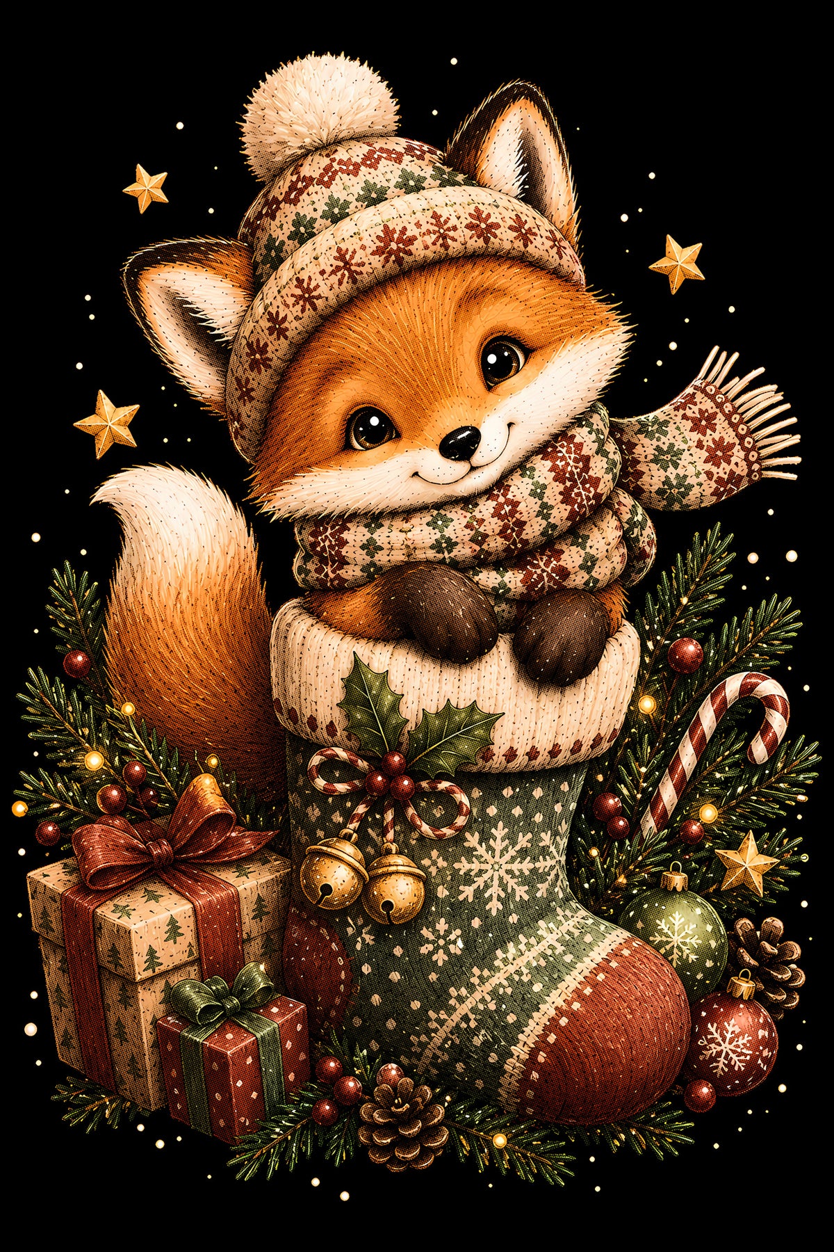 Christmas Halftone 055 - Christmas Fox in a Winter Stocking - DTF transfer on black preview background