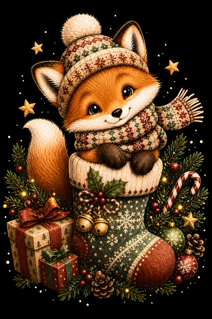 Christmas Halftone 055 - Christmas Fox in a Winter Stocking - DTF transfer on black preview background