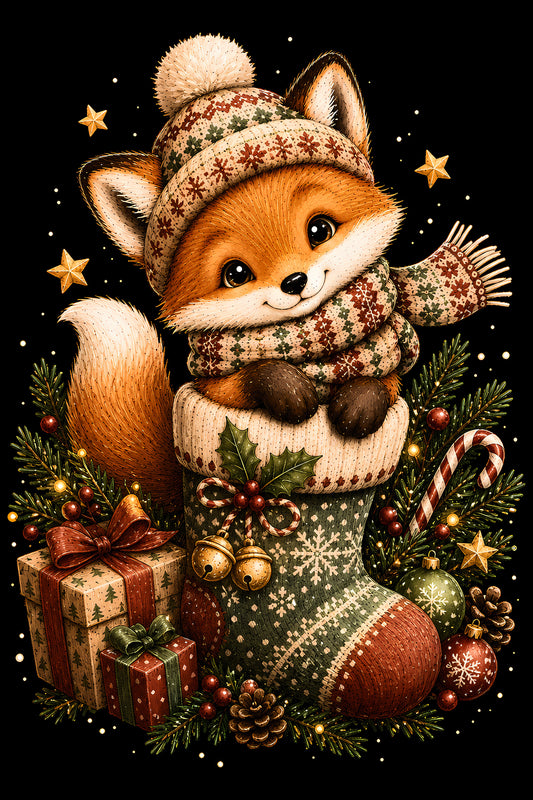 Christmas Halftone 055 - Christmas Fox in a Winter Stocking - DTF transfer on black preview background