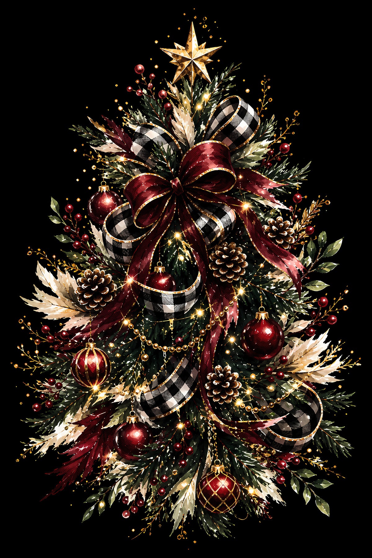 Christmas Halftone 056 - Christmas Tree with Plaid Ribbons - DTF transfer on black preview background