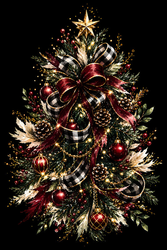 Christmas Halftone 056 - Christmas Tree with Plaid Ribbons - DTF transfer on black preview background