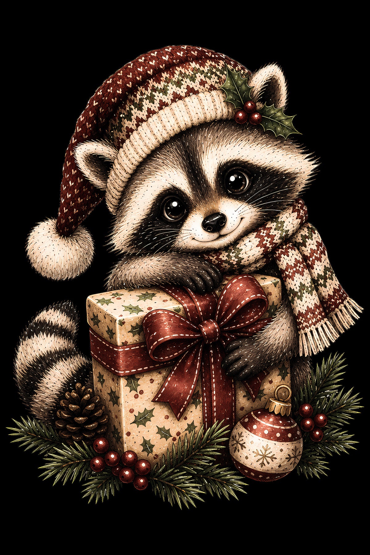 Christmas Halftone 058 - Christmas Raccoon with a Present - DTF transfer on black preview background