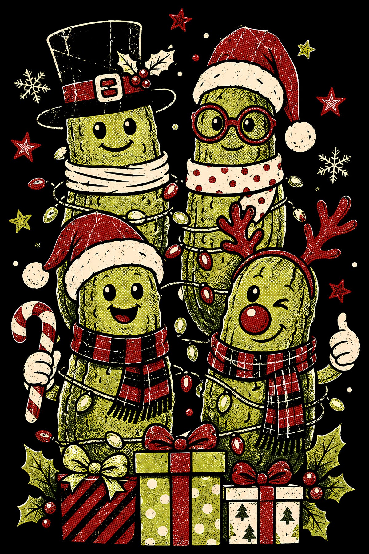 Christmas Halftone 059 - Christmas Pickle Friends - DTF transfer on black preview background