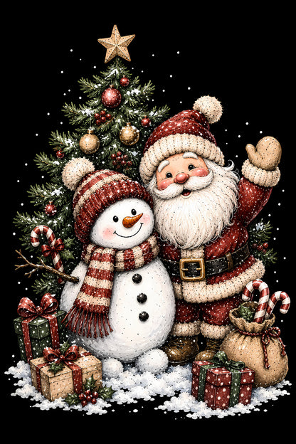 Christmas Halftone 060 - Santa and Snowman Christmas Friends - DTF transfer on black preview background