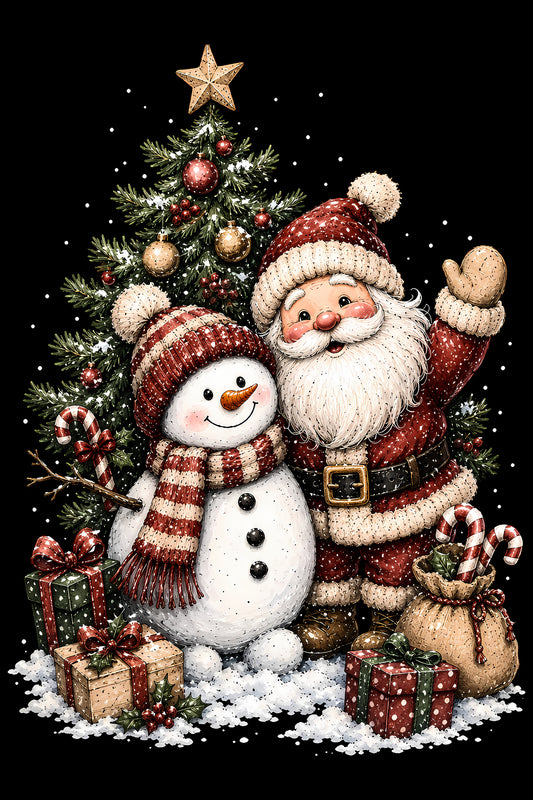Christmas Halftone 060 - Santa and Snowman Christmas Friends - DTF transfer on black preview background