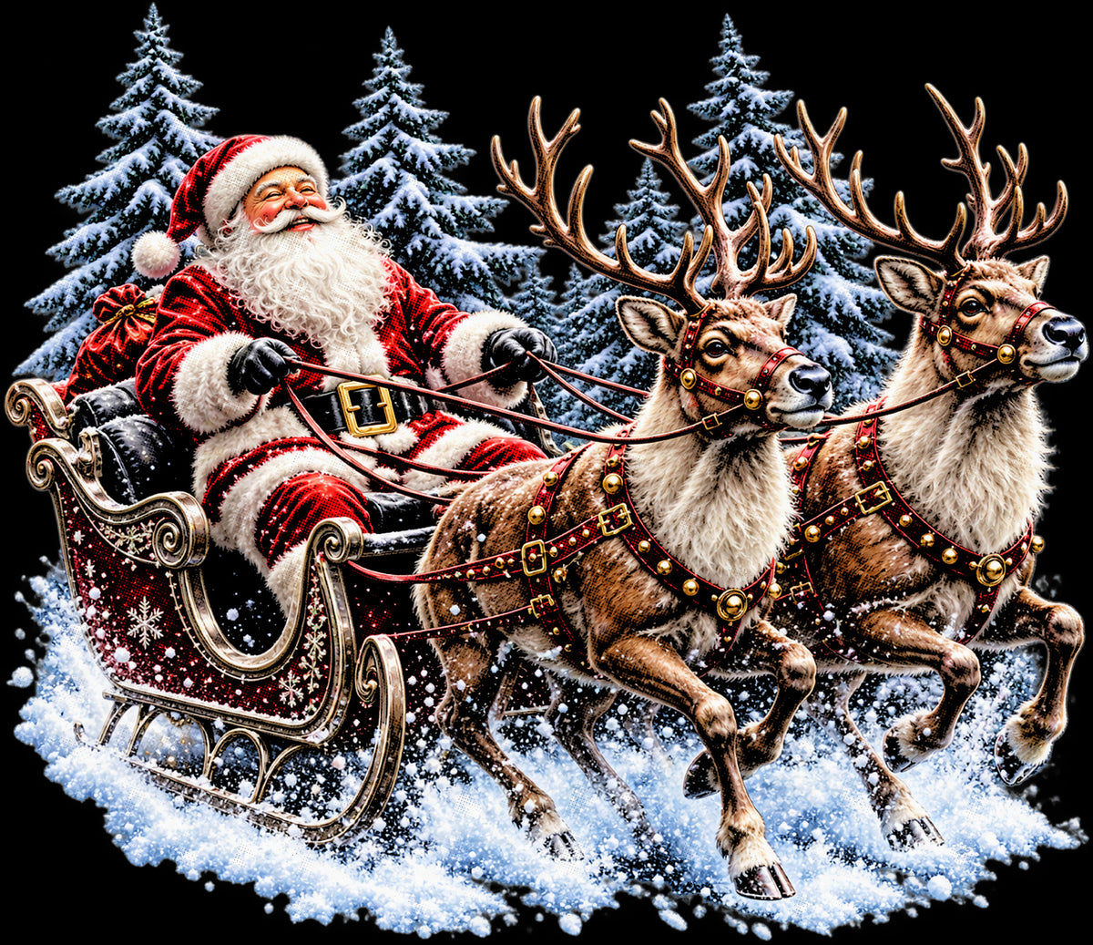 Christmas Halftone 061 - Santa's Sleigh and Reindeer in the Snow - DTF transfer on black preview background