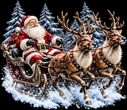 Christmas Halftone 061 - Santa's Sleigh and Reindeer in the Snow - DTF transfer on black preview background