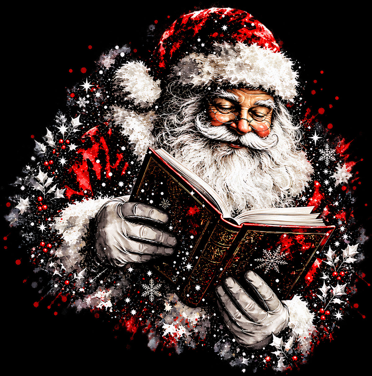 Christmas Halftone 062 - Santa's Festive Storybook Splatter Portrait - DTF transfer on black preview background