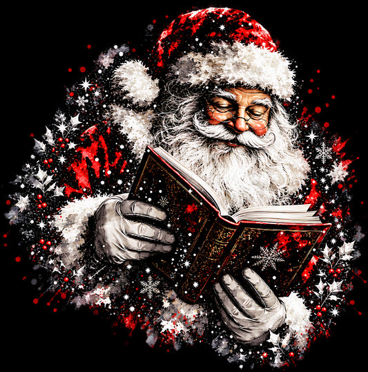 Christmas Halftone 062 - Santa's Festive Storybook Splatter Portrait - DTF transfer on black preview background
