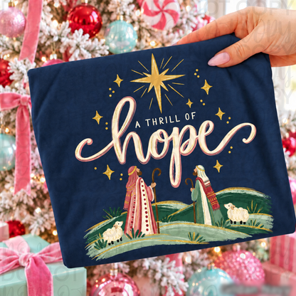 A Thrill of Hope – Shepherds and Christmas Star printed garment design preview