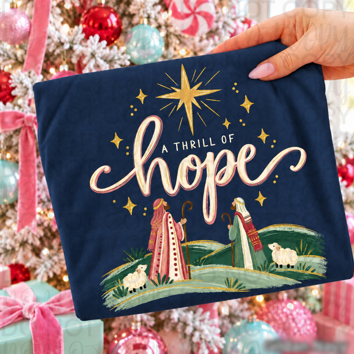 A Thrill of Hope – Shepherds and Christmas Star printed garment design preview