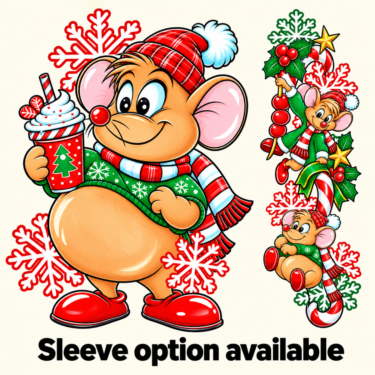 Christmas mouse with hot cocoa and matching candy cane sleeve design together. Sleeve option available.