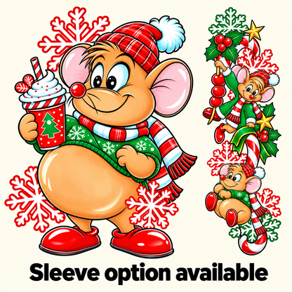 Christmas mouse with hot cocoa and matching candy cane sleeve design together. Sleeve option available.