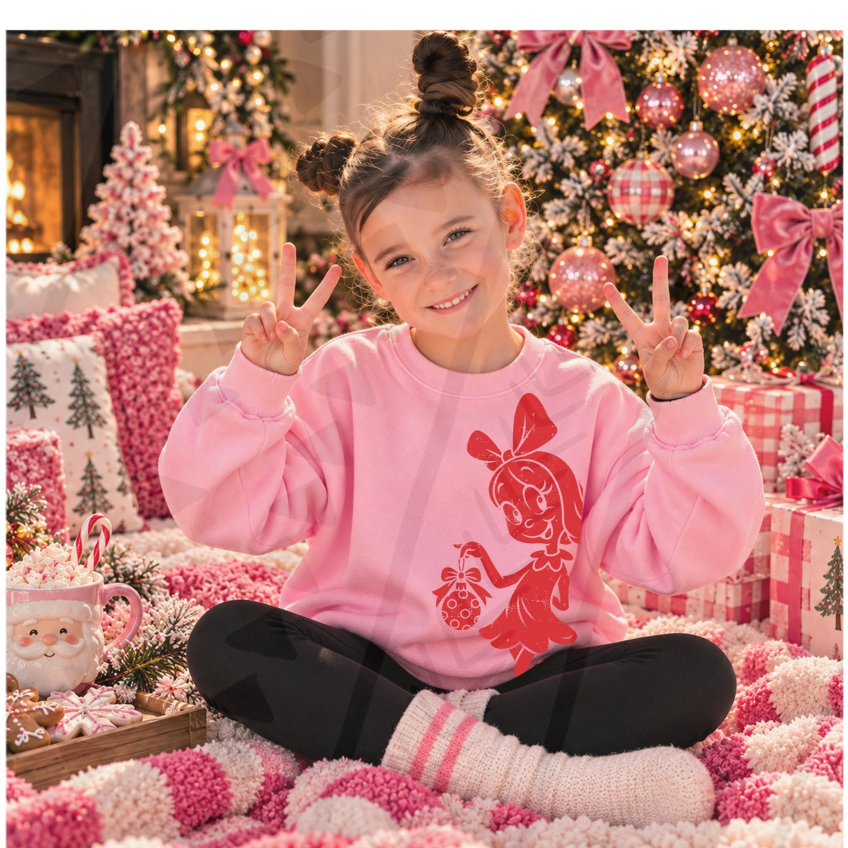 Red Cindy Lou Who holding a Christmas ornament DTF transfer, shown on a youth pink sweatshirt; garment not included.
