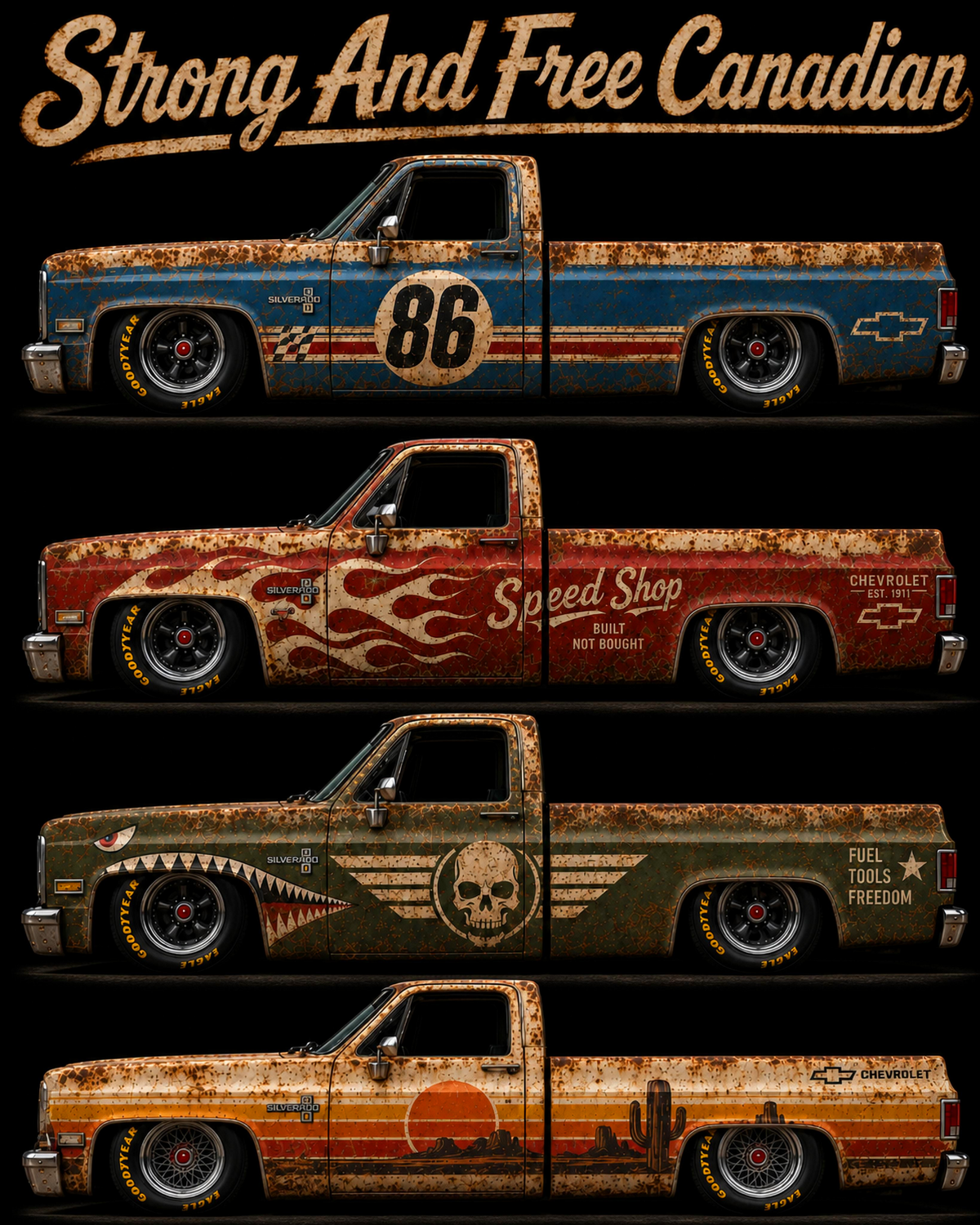 Four Vintage Chevrolet Square Body Pickup Trucks - Strong and Free Canadian