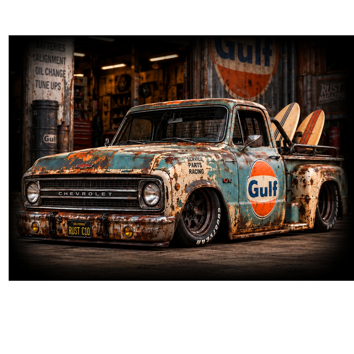 Gulf Chevrolet Pickup Truck with Surfboards - Garage Scene