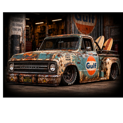 Gulf Chevrolet Pickup Truck with Surfboards - Garage Scene