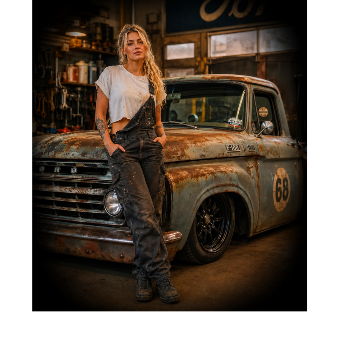 Woman with Rusty Ford Pickup Truck - Garage Scene