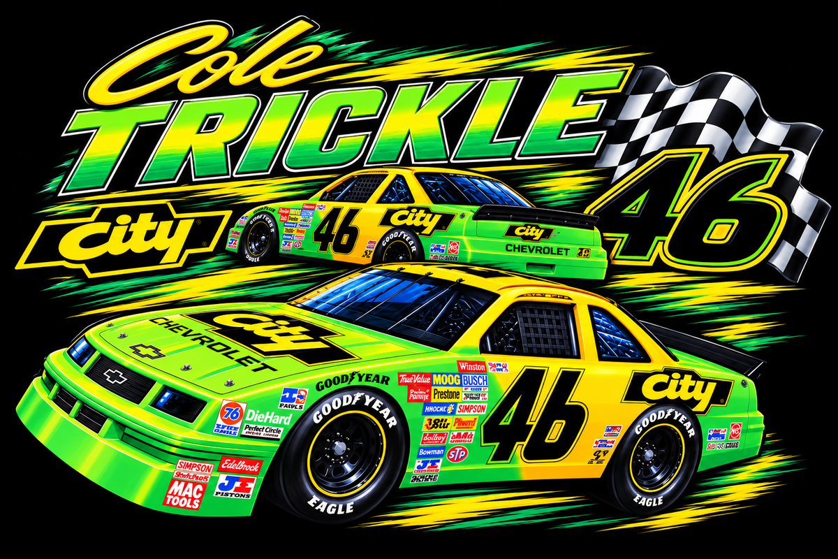 Colee Trickle 46 Green and Yellow Stock Car halftone DTF transfer for dark garments