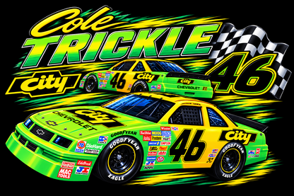Colee Trickle 46 Green and Yellow Stock Car halftone DTF transfer for dark garments