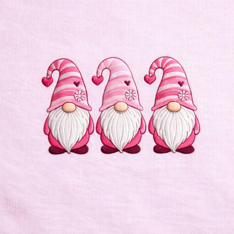 Embroidered Valentine’s Day Gnome Trio Sweatshirt – Pink Hearts Design