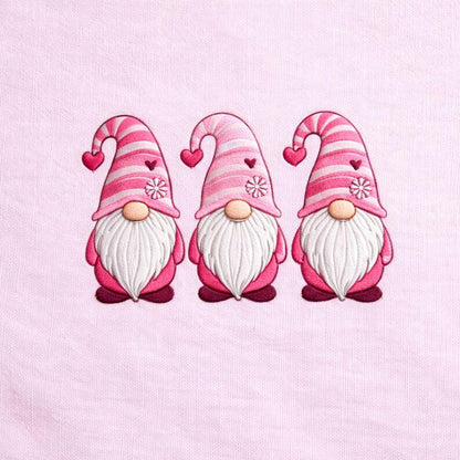 Embroidered Valentine’s Day Gnome Trio Sweatshirt – Pink Hearts Design
