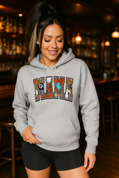 T-Shirt Or Crewneck Hoodie – Bold Patchwork MAMA Design with Animal Print Accents