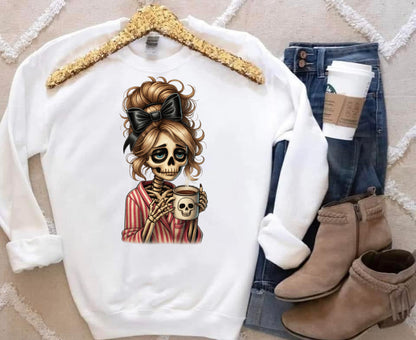 T-Shirt Crewneck Hoody – Dead Inside But Caffeinated (Skeleton Girl with Coffee)