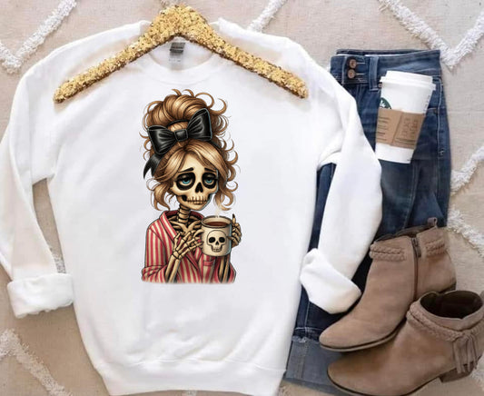 T-Shirt Crewneck Hoody – Dead Inside But Caffeinated (Skeleton Girl with Coffee)