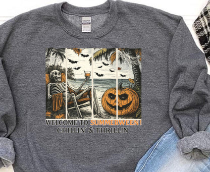 T-Shirt Crewneck Hoody – Welcome to Summerween (Chillin’ & Thrillin’ Skeleton Beach Scene)