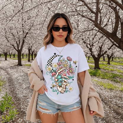 T-Shirt Hoodie Crewneck Turquoise Skeleton Hand – Wildflower, Bee & Checker Moon Boho Design