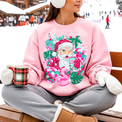 T-Shirt Crewneck Winking Santa Tropical Christmas Print