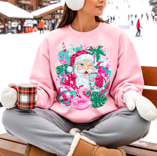 T-Shirt Crewneck Winking Santa Tropical Christmas Print
