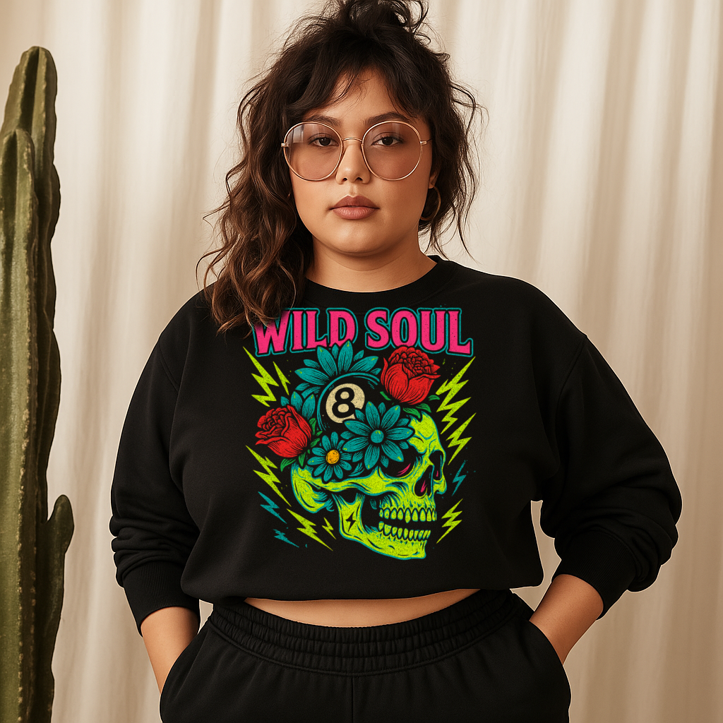 T-Shirt Sweatshirt Wild Soul – Neon Skull, Flowers & Lightning Tattoo Style