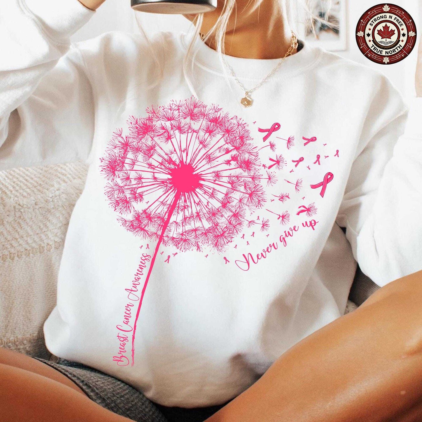 Dandelion breast cancer awareness DTF transfer on a white sweatshirt