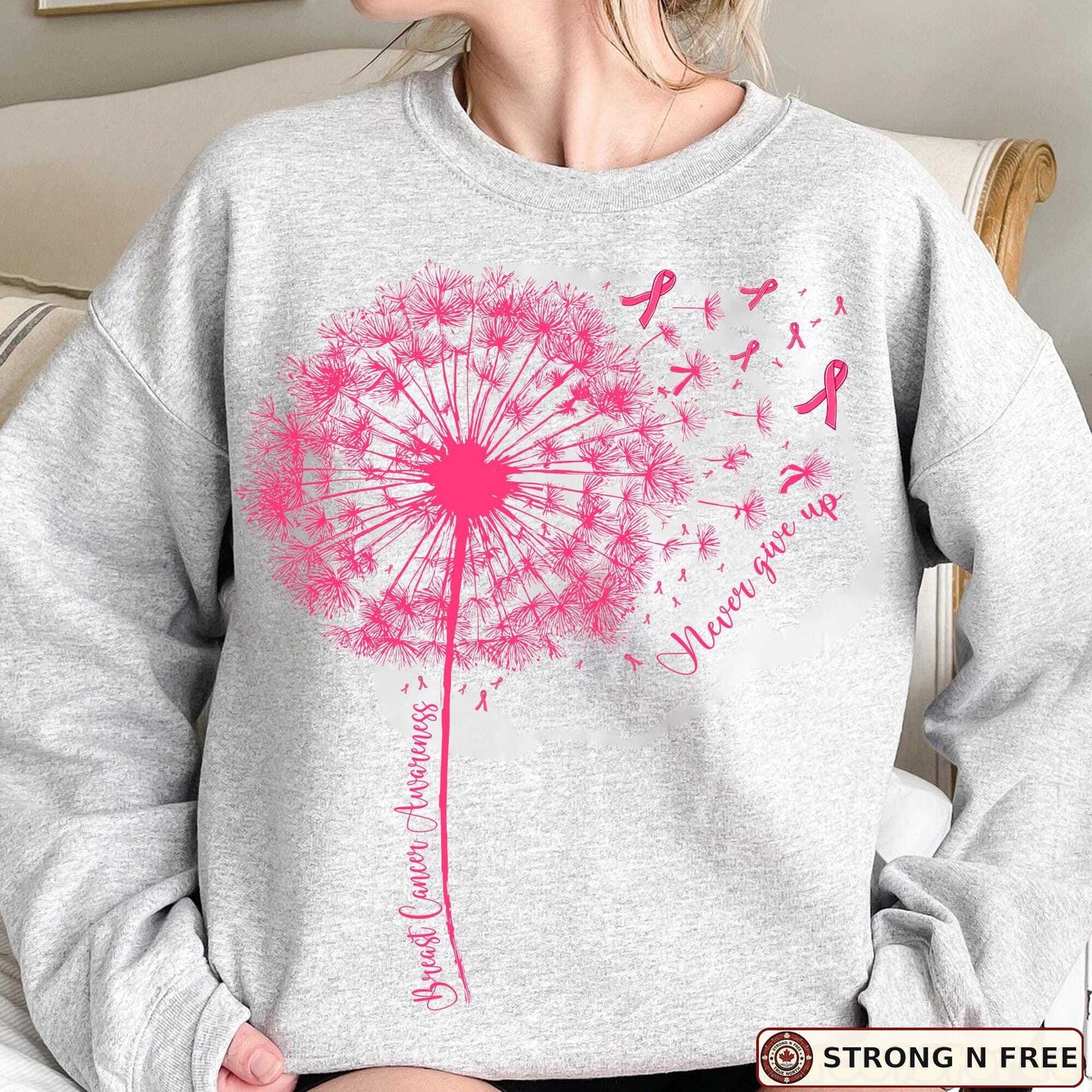 Dandelion breast cancer awareness DTF transfer on a grey sweatshirt