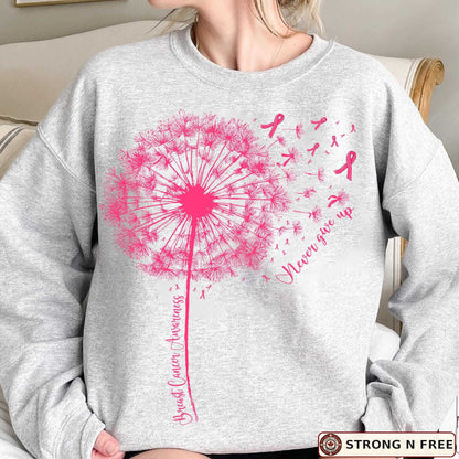 Dandelion breast cancer awareness DTF transfer on a grey sweatshirt
