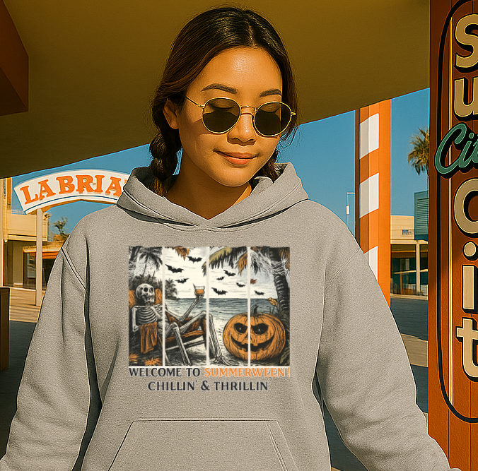 T-Shirt Crewneck Hoody – Welcome to Summerween (Chillin’ & Thrillin’ Skeleton Beach Scene)
