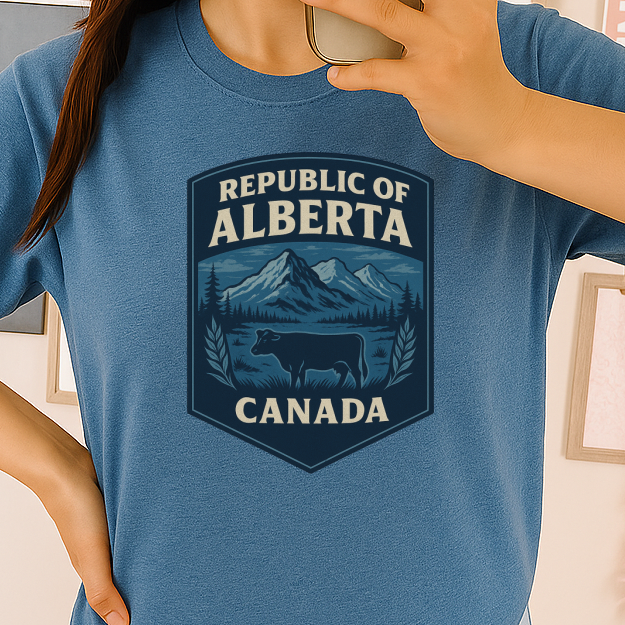 T-Shirt  Or Hoodie  Sovereign Alberta – Western Prairie Badge with Mountains, Cow & Oil Rig  #2